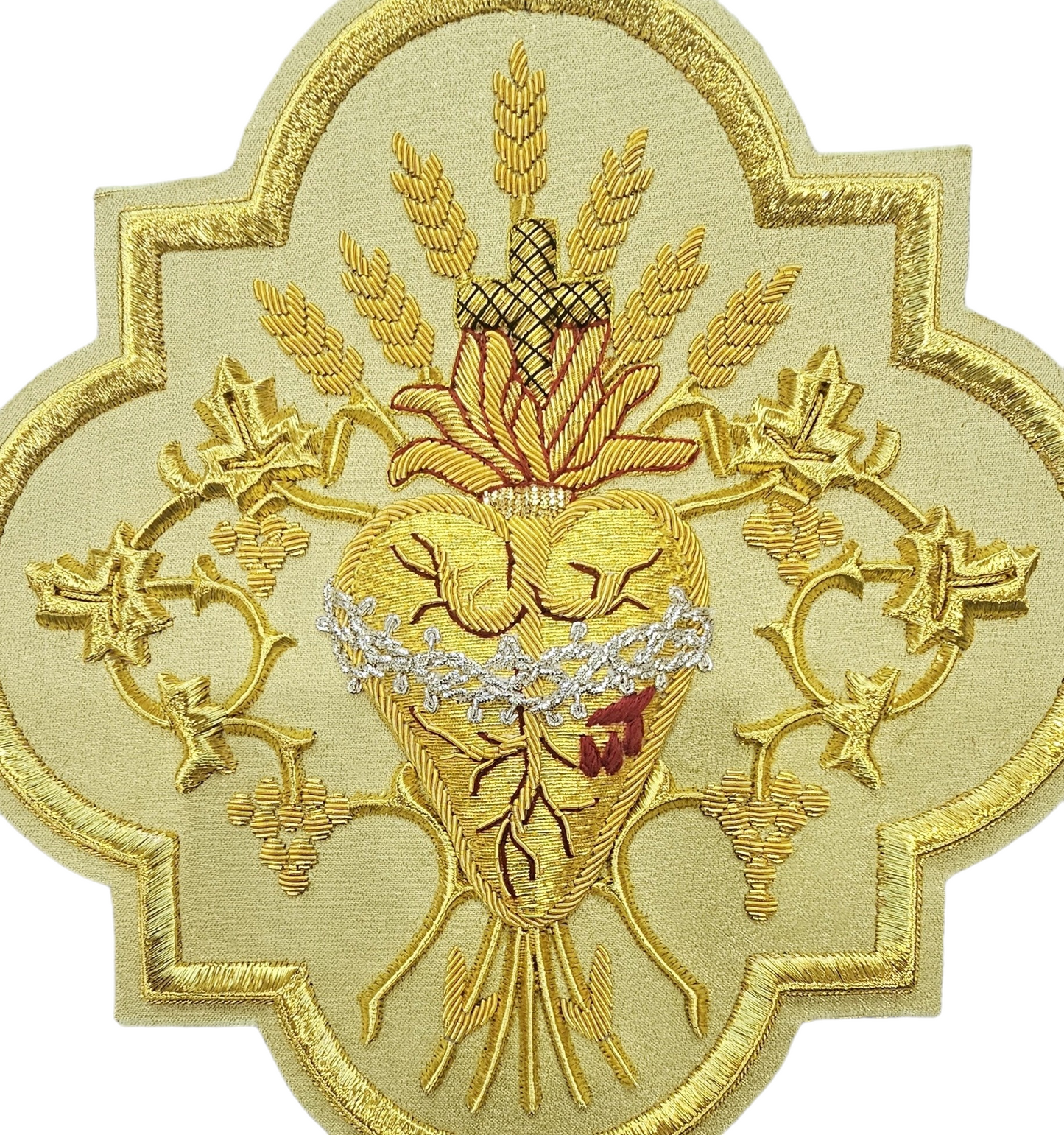 Sacred Heart Hand embroidered Appliqué for Vestments – Gold Metallic Wire on Gold Fabric