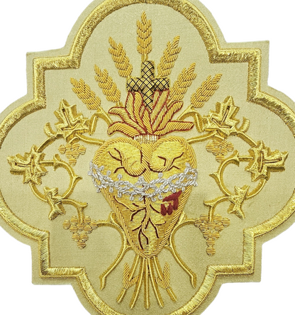 Sacred Heart Hand embroidered Appliqué for Vestments – Gold Metallic Wire on Gold Fabric