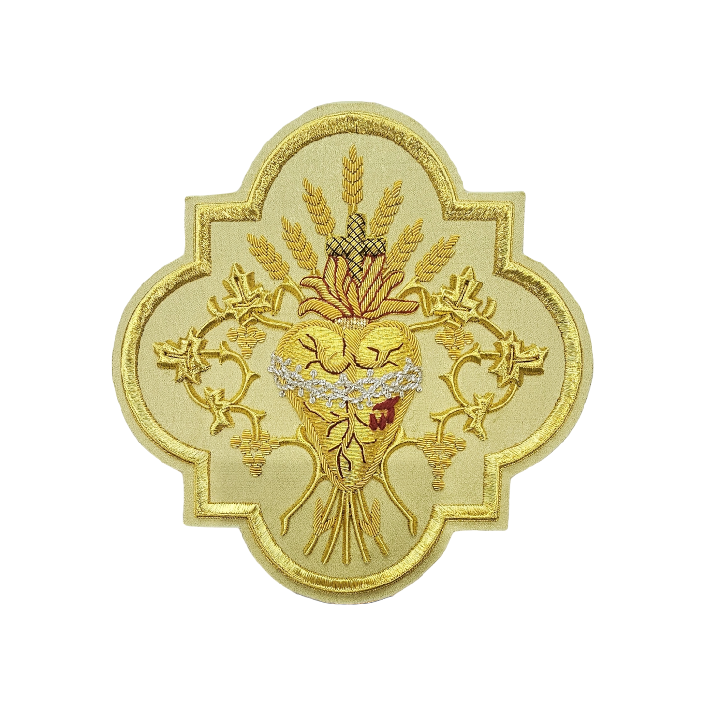 Sacred Heart Hand embroidered Appliqué for Vestments – Gold Metallic Wire on Gold Fabric