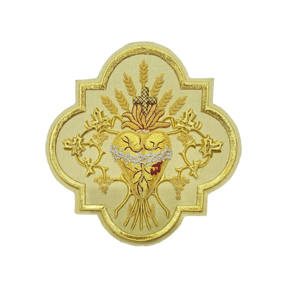 Sacred Heart Hand embroidered Appliqué for Vestments – Gold Metallic Wire on Gold Fabric