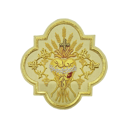 Sacred Heart Hand embroidered Appliqué for Vestments – Gold Metallic Wire on Gold Fabric