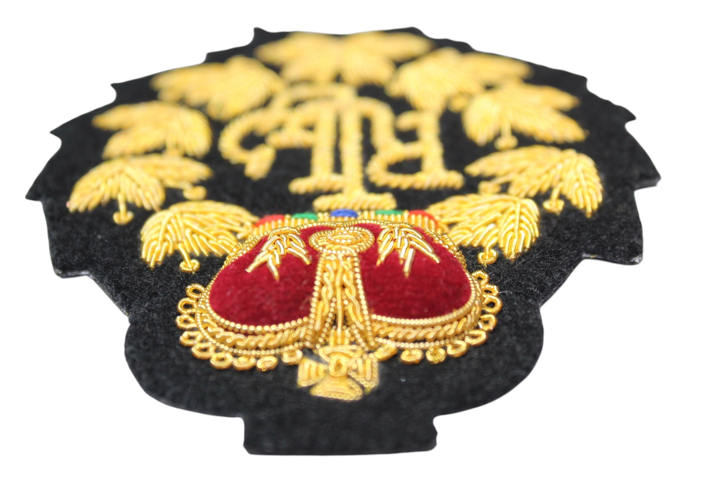 Hand-Embroidered Gold Bullion Fashion Patch – Crown and Laurel Design Sewn On Black Felt