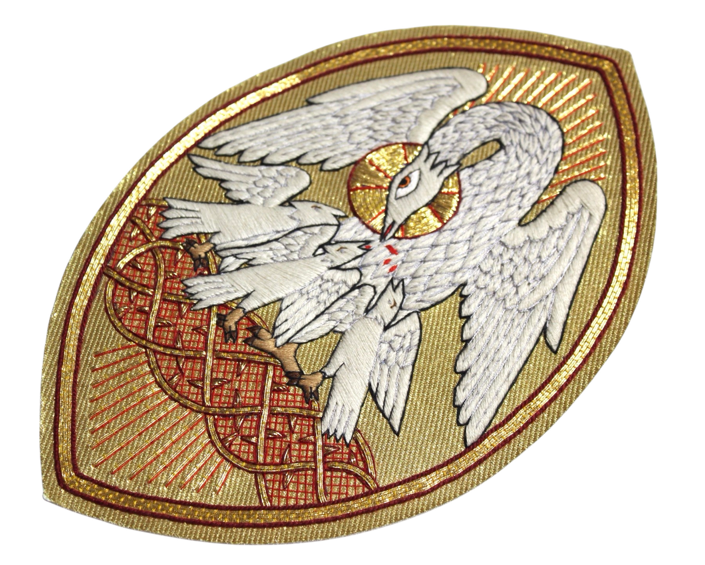Pelican Emblem Appliqué for Catholic Vestments Sewn On Gold Cloth