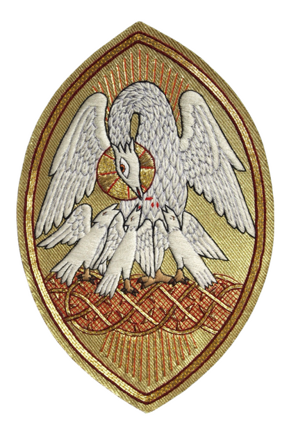 Pelican Emblem Appliqué for Catholic Vestments Sewn On Gold Cloth