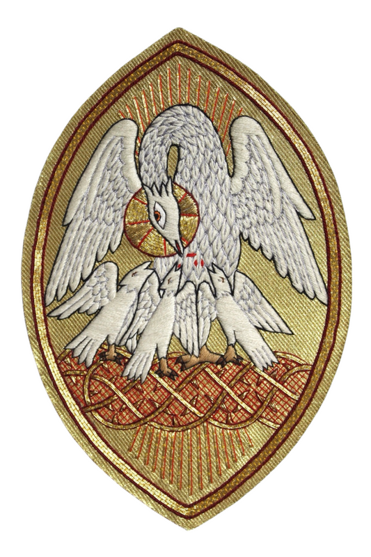 Pelican Emblem Appliqué for Catholic Vestments Sewn On Gold Cloth