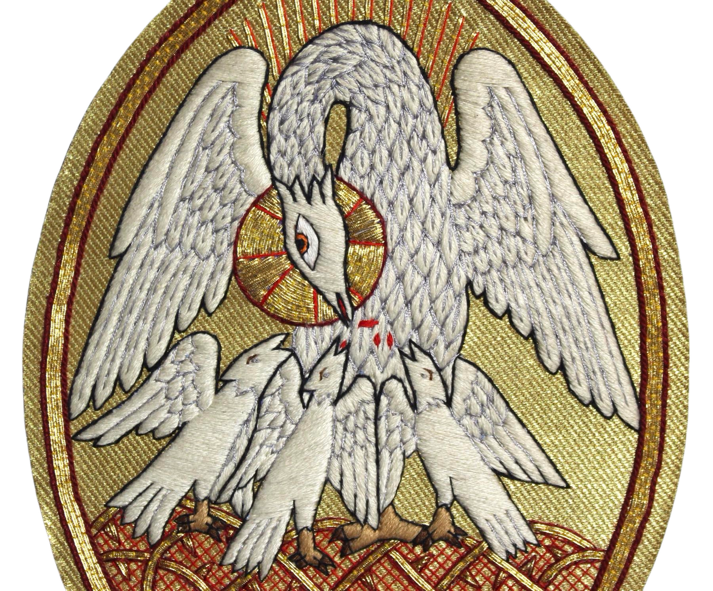 Pelican Emblem Appliqué for Catholic Vestments Sewn On Gold Cloth