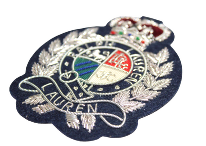 Lauren Hand-Embroidered Crest Patch on Navy Blue Felt – Perfect for Blazers, Jackets, and T-Shirts