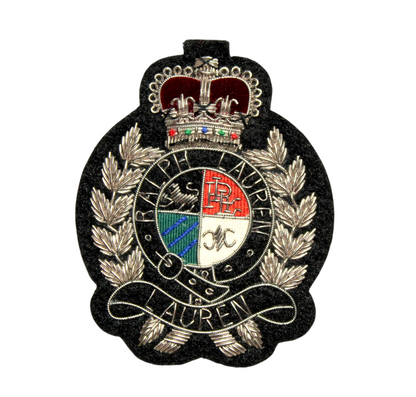 Lauren Hand-Embroidered Crest Patch on Black Felt – Perfect for Blazers, Jackets, and T-Shirts