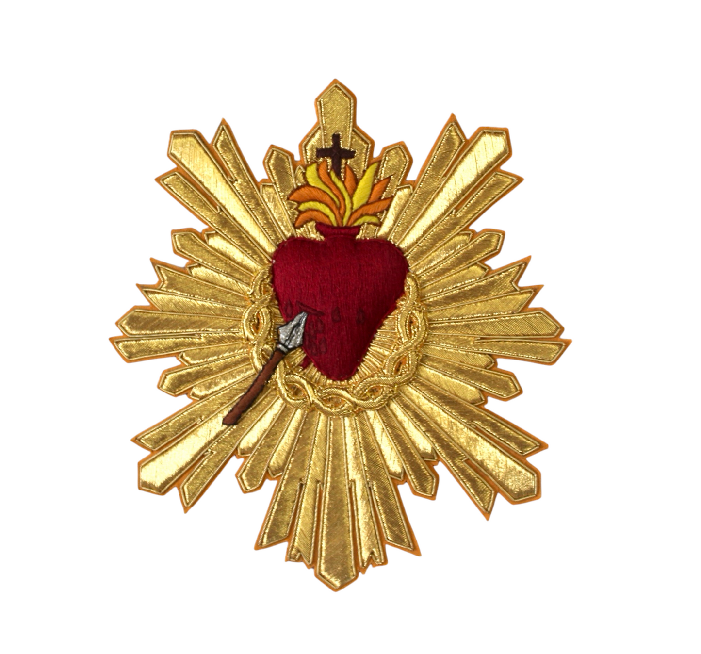 Sacred Heart With Rays Hand-Embroidered Bullion Appliqué Cut Close