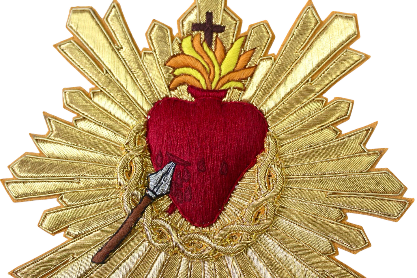 Sacred Heart With Rays Hand-Embroidered Bullion Appliqué Cut Close