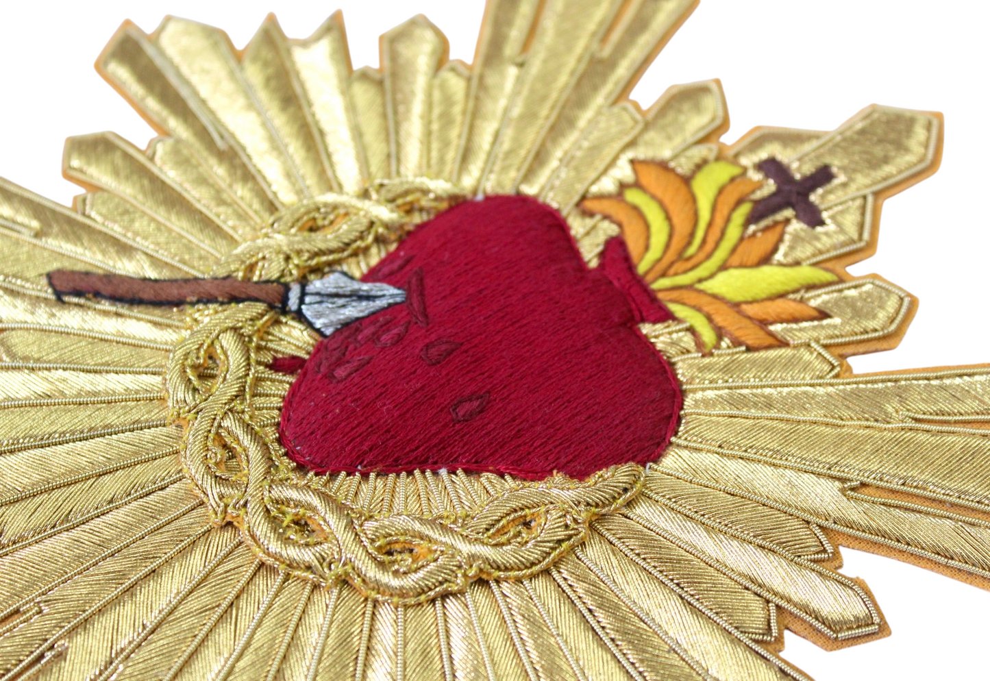 Sacred Heart With Rays Hand-Embroidered Bullion Appliqué Cut Close