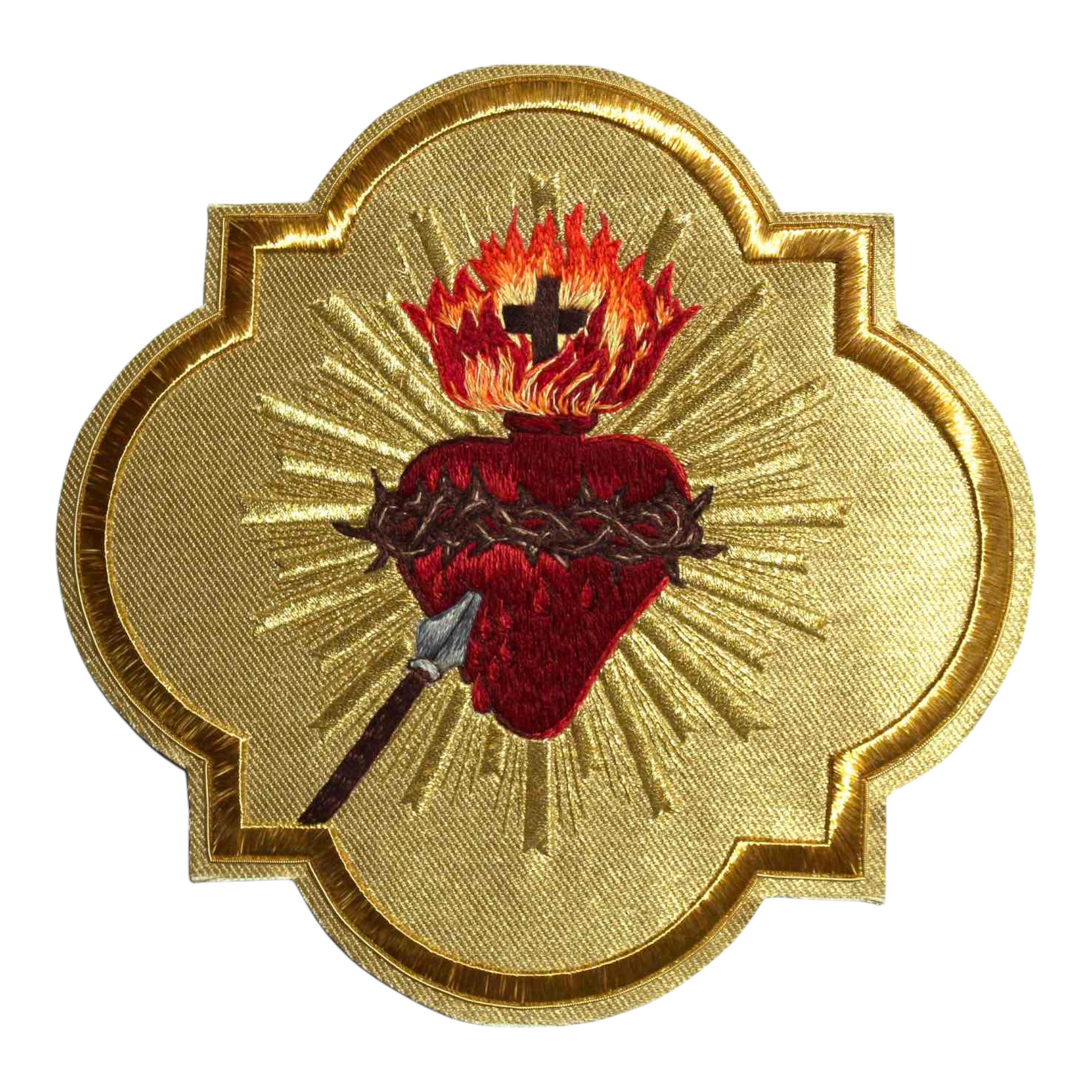 Sacred Heart Hand-Embroidered Liturgical Appliqué – Gold Fabric Background