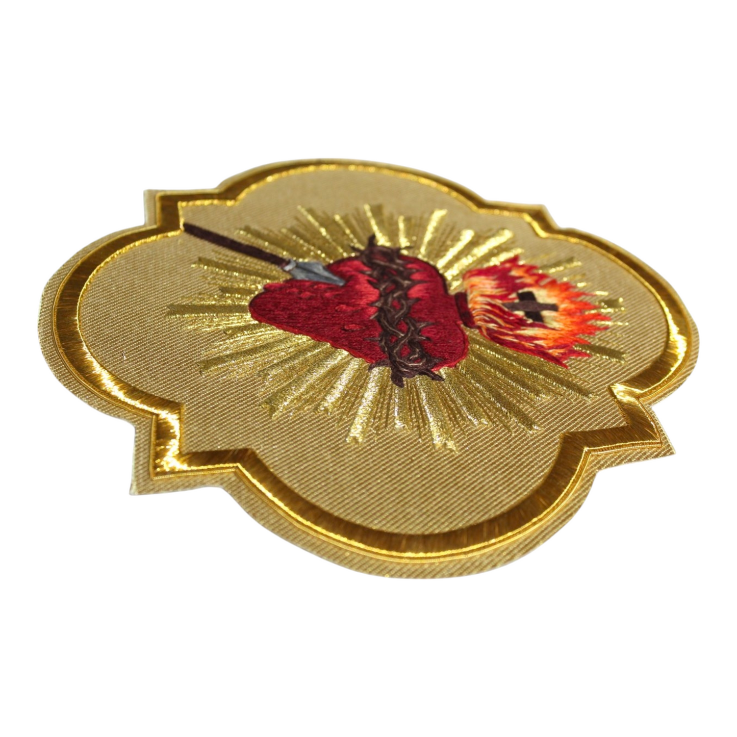 Sacred Heart Hand-Embroidered Liturgical Appliqué – Gold Fabric Background