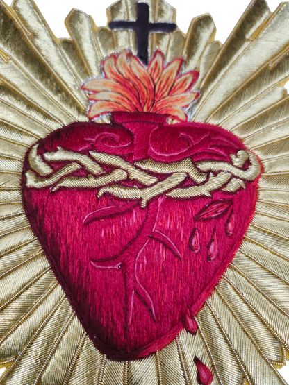 Hand-Embroidered Sacred Heart with Rays Appliqué – Liturgical