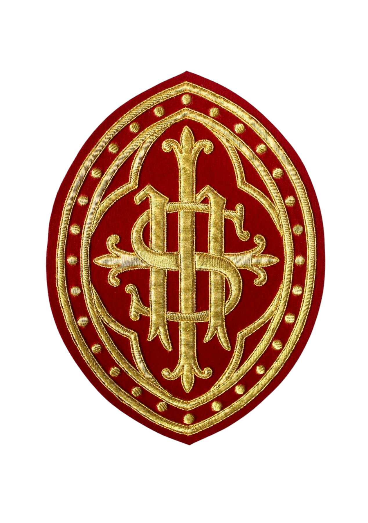 Hand Embroidered IHS Appliqué for Catholic Vestments – Gold on Velvet