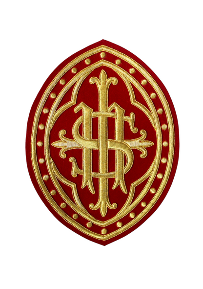 Hand Embroidered IHS Appliqué for Catholic Vestments – Gold on Velvet