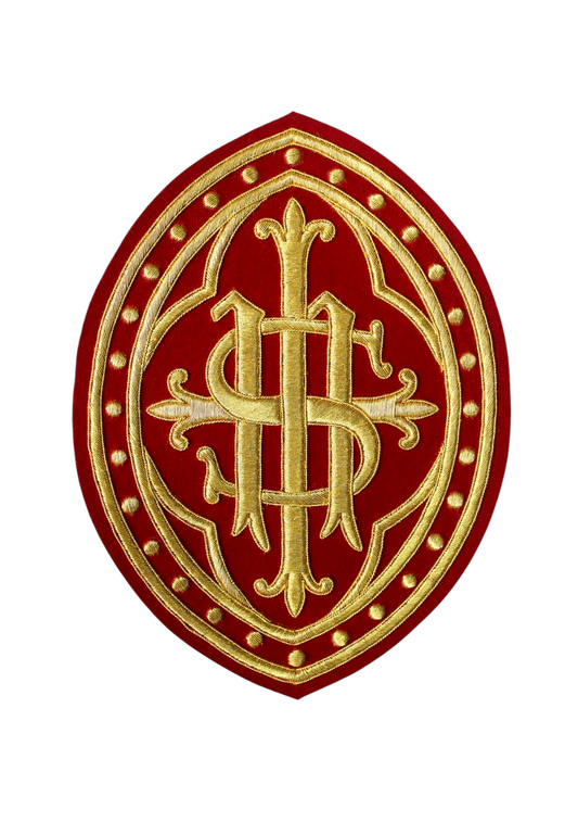 Hand Embroidered IHS Appliqué for Catholic Vestments – Gold on Velvet
