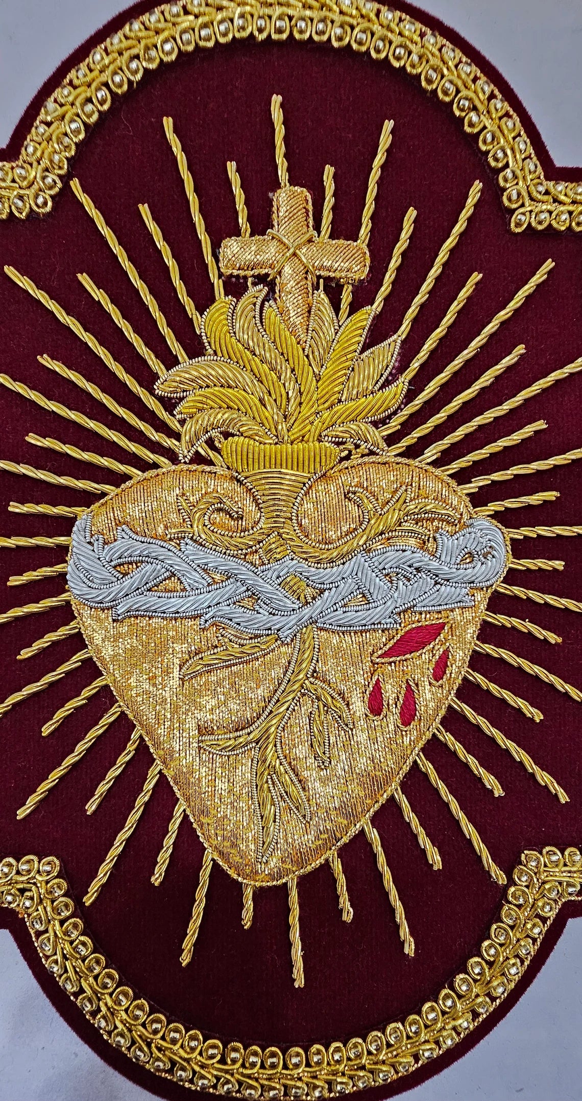 Hand-Embroidered Sacred Heart with Rays Appliqué