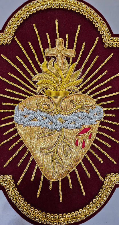 Hand-Embroidered Sacred Heart with Rays Appliqué