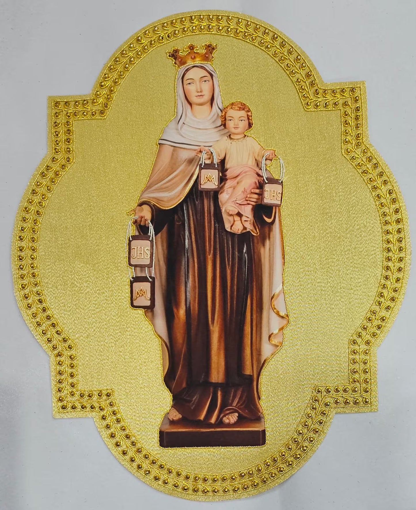 Aurum Sacrum – Our Lady of Mount Carmel” Hand-Embroidered &amp; Printed Appliqué for Catholic Vestments