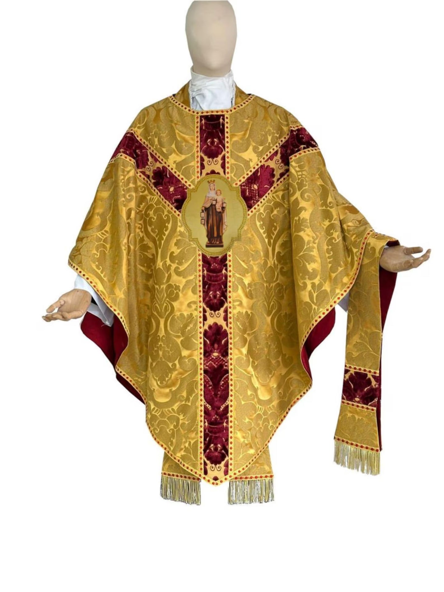 Aurum Sacrum – Our Lady of Mount Carmel” Hand-Embroidered &amp; Printed Appliqué for Catholic Vestments