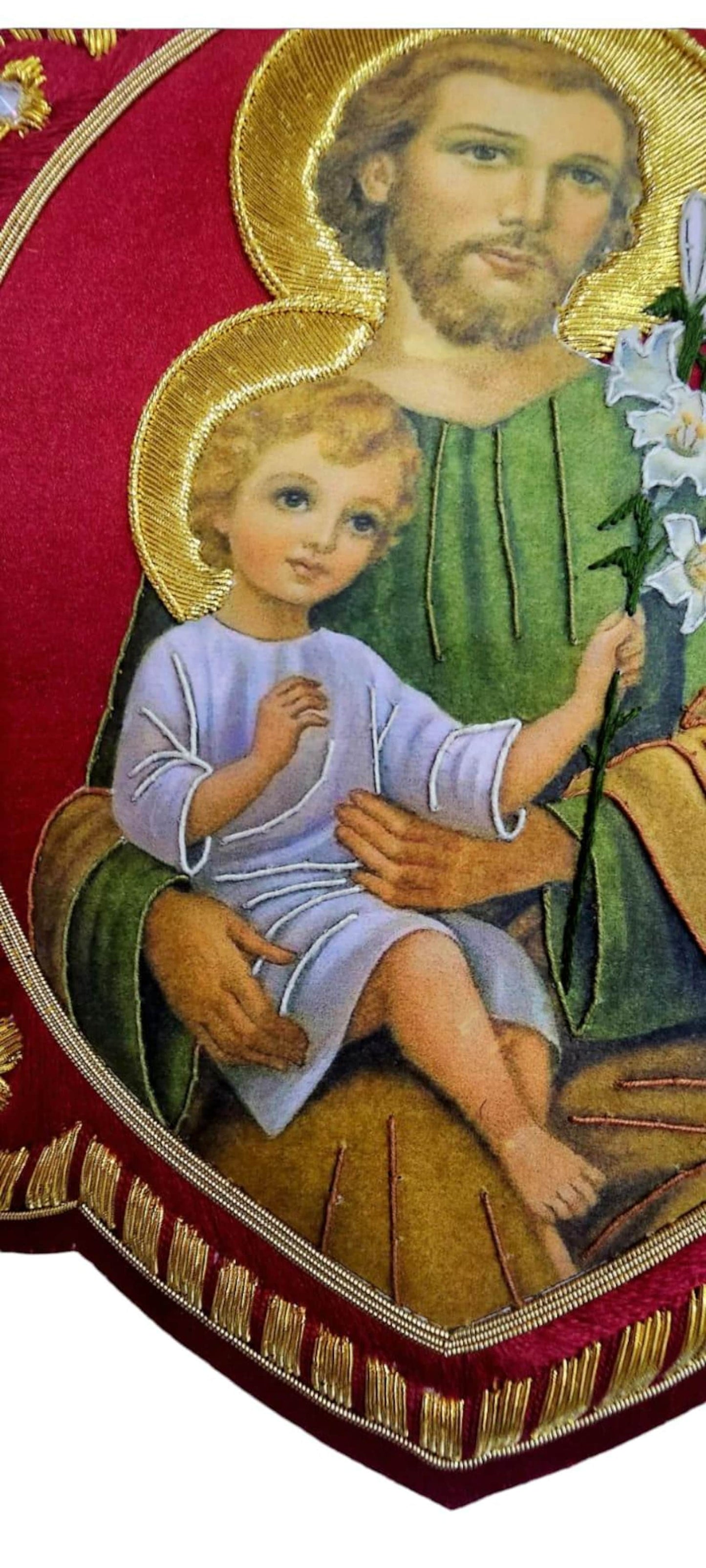 Saint Joseph with Child Jesus Appliqué Hand-Embroidered &amp; Printed | Sew-On | Catholic Vestment Art