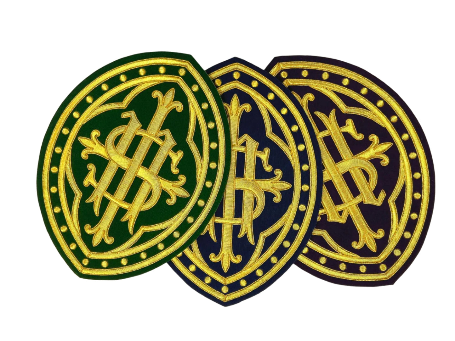 Hand Embroidered IHS Appliqué for Catholic Vestments – Gold on Velvet