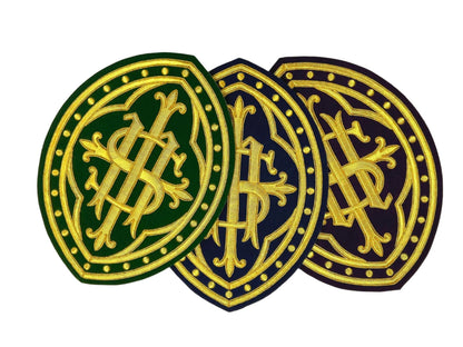 Hand Embroidered IHS Appliqué for Catholic Vestments – Gold on Velvet