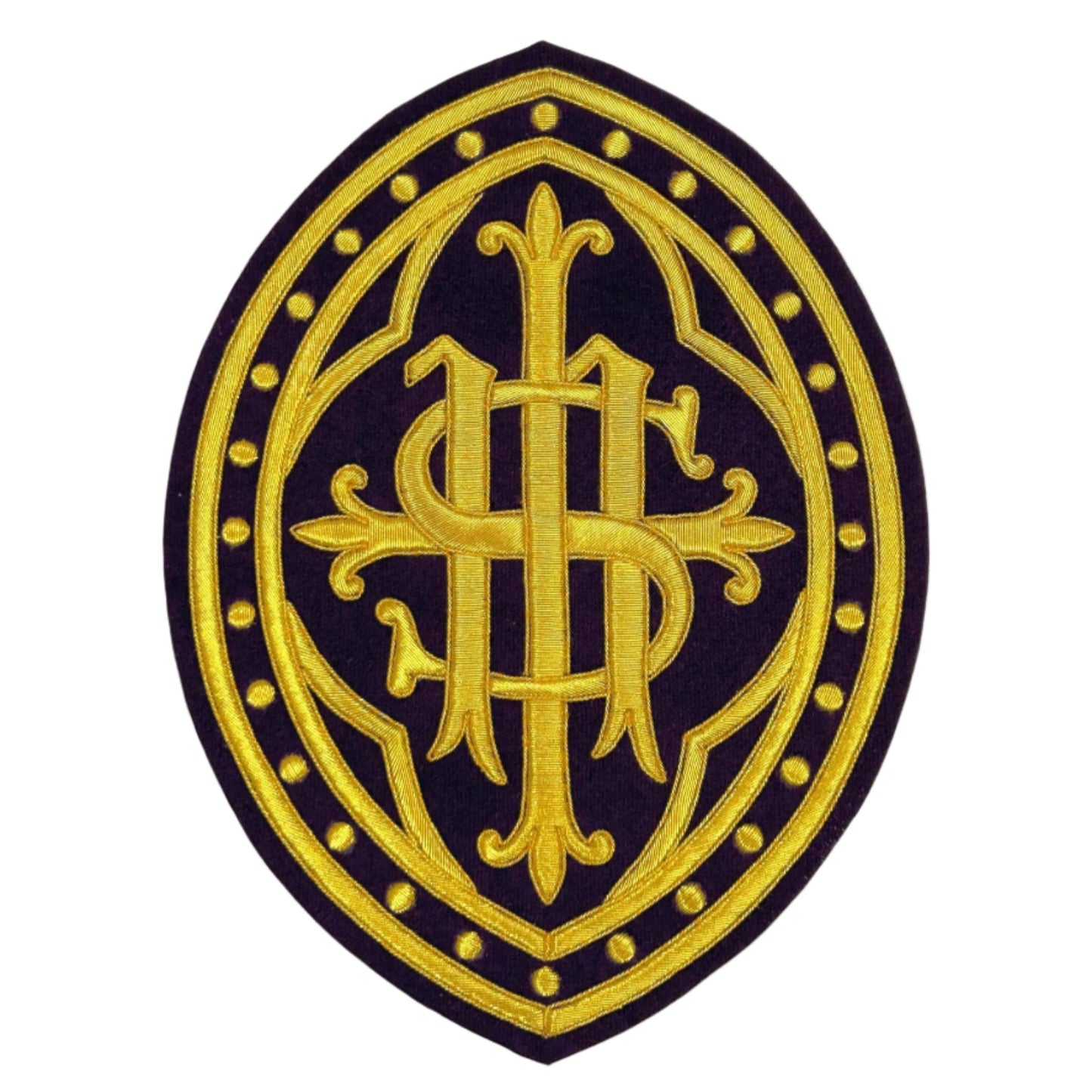 Hand Embroidered IHS Appliqué for Catholic Vestments – Gold on Velvet