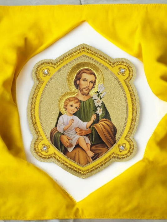 Saint Joseph with Child Jesus Appliqué Hand-Embroidered &amp; Printed | Sew-On | Catholic Vestment Art