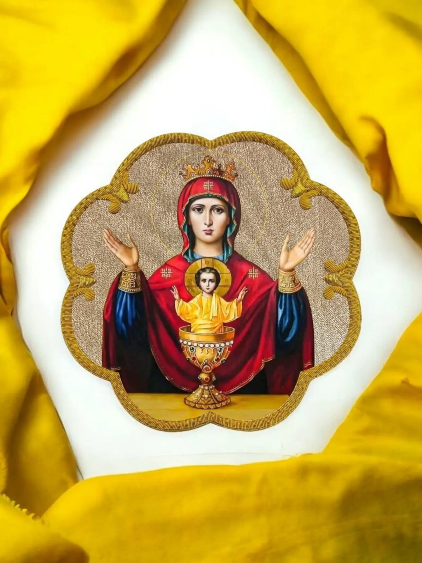 Aurum Sacrum – Lady of Grace” Hand-Embroidered & Printed Appliqué for Catholic Vestments