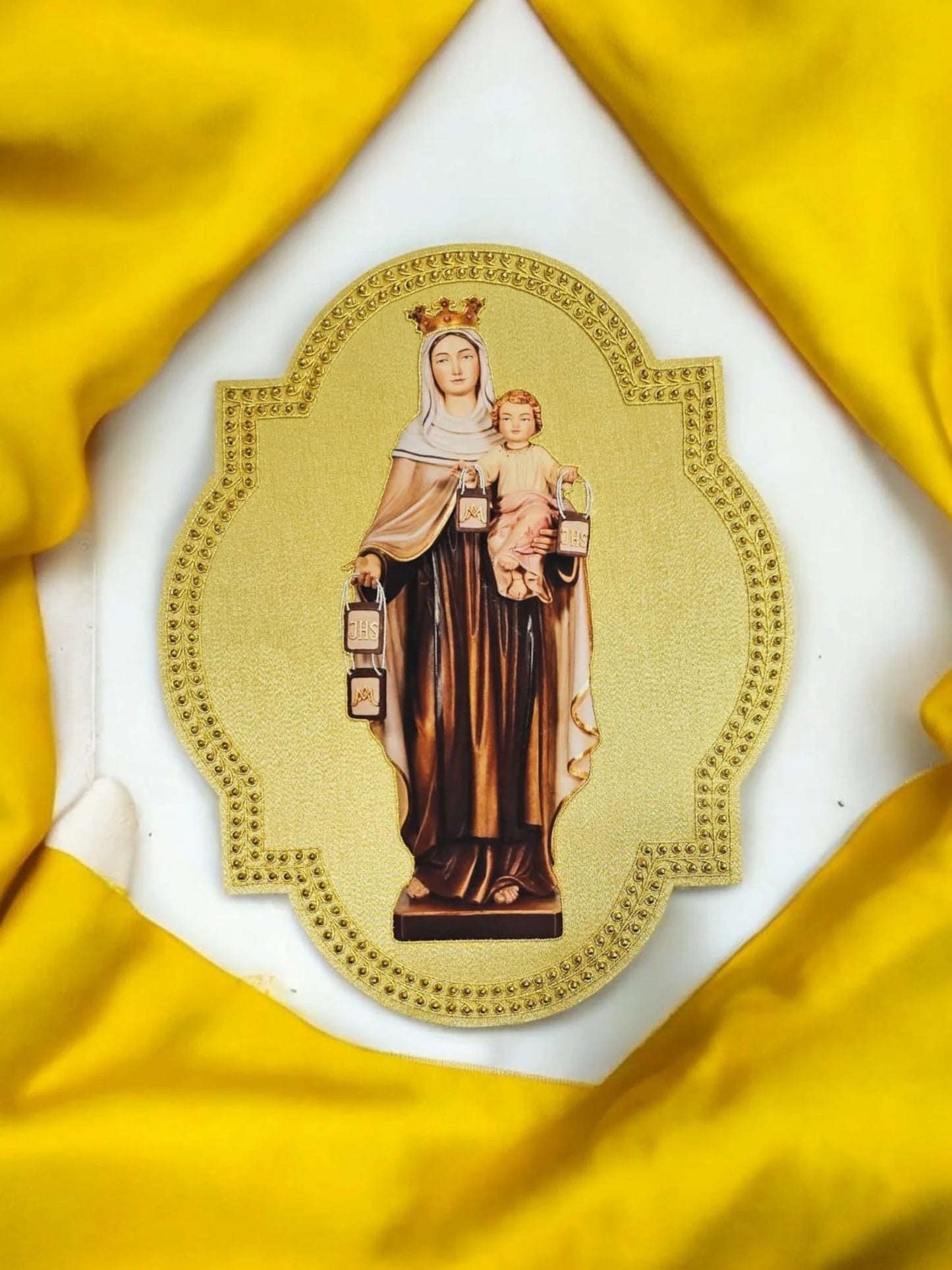 Aurum Sacrum – Our Lady of Mount Carmel” Hand-Embroidered &amp; Printed Appliqué for Catholic Vestments