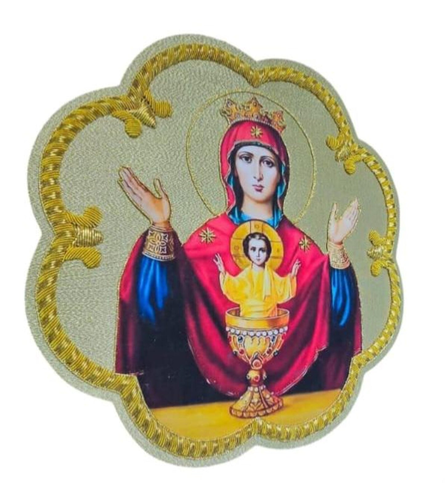 Aurum Sacrum – Lady of Grace” Hand-Embroidered & Printed Appliqué for Catholic Vestments