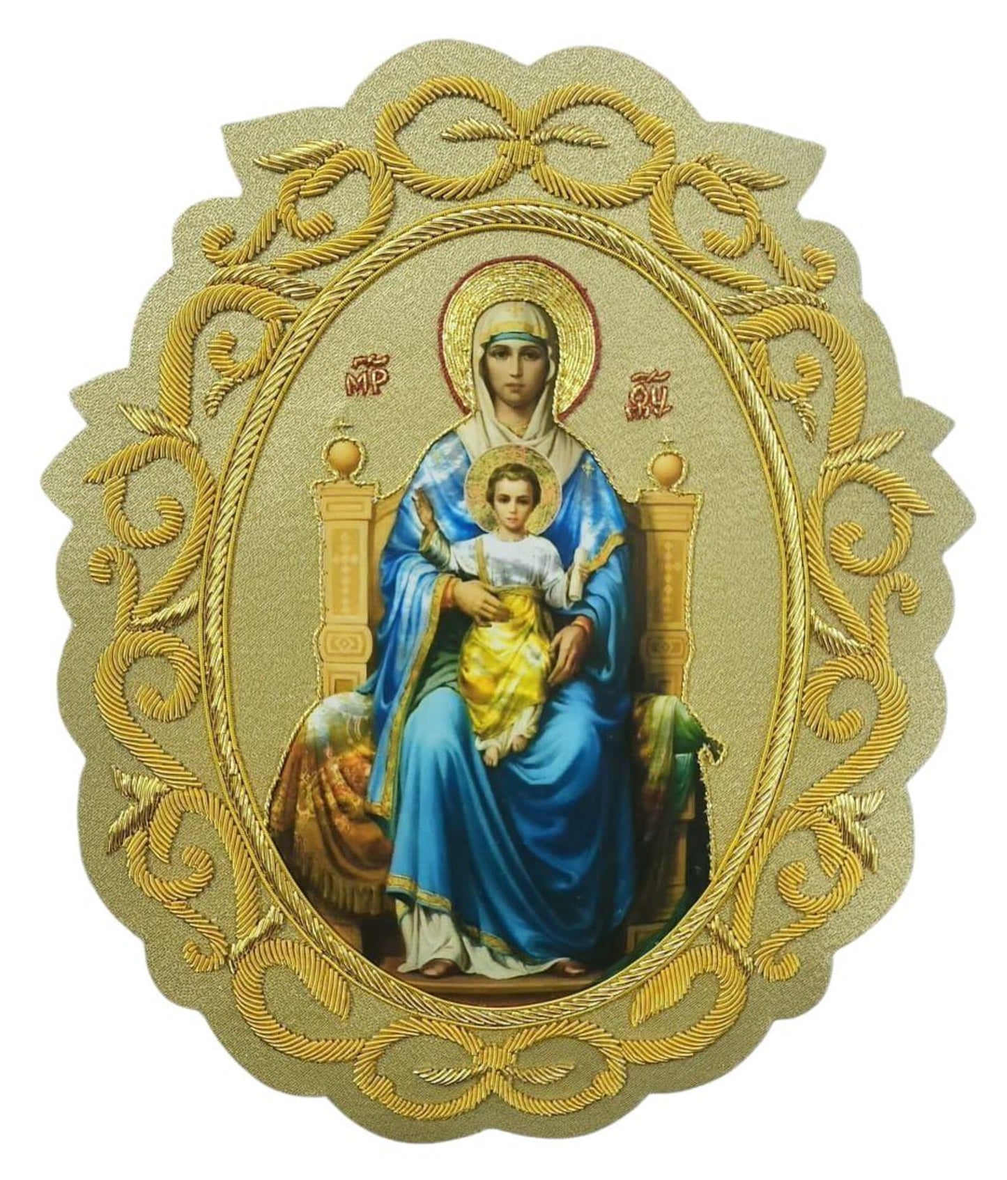 Aurum Sacrum – Our Lady Enthroned with Child Jesus” Hand-Embroidered &amp; Printed Appliqué for Catholic Vestments