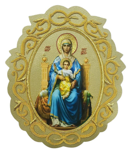 Aurum Sacrum – Our Lady Enthroned with Child Jesus” Hand-Embroidered &amp; Printed Appliqué for Catholic Vestments