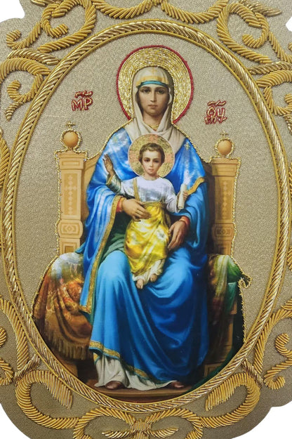Aurum Sacrum – Our Lady Enthroned with Child Jesus” Hand-Embroidered &amp; Printed Appliqué for Catholic Vestments