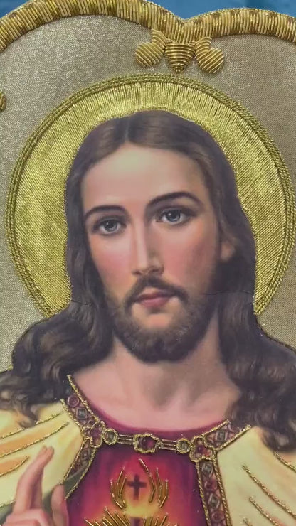 Sacred Heart of Jesus Appliqué | Hand-Embroidered &amp; Printed Vestment Icon Patch | Gold Bullion Wire on Gold Fabric