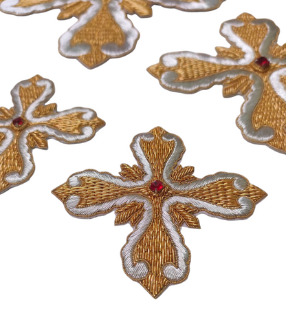Gold &amp; Silver Hand-Embroidered Cross Set of 12 | Bullion Wire Liturgical Appliqué | Sew-On Cross for Vestments &amp; Banners | Handmade Church Embroidery