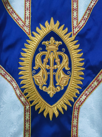 Handcrafted Marian Chasuble Set – Damask with Embroidered "MA" Appliqué