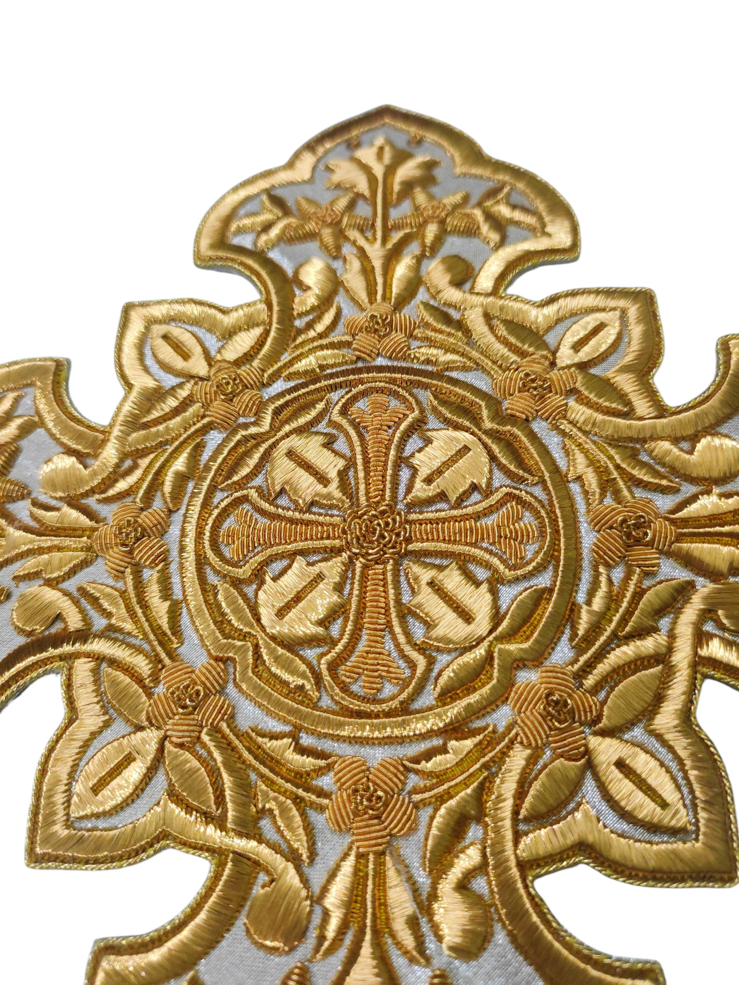 Gold Bullion Hand-Embroidered Cross Appliqué | 20x20 cm Sew-On Liturgical Cross on Silver Fabric | Unique Church Vestment Embroidery | Handmade Ecclesiastical Art