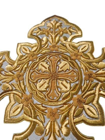 Gold Bullion Hand-Embroidered Cross Appliqué | 20x20 cm Sew-On Liturgical Cross on Silver Fabric | Unique Church Vestment Embroidery | Handmade Ecclesiastical Art