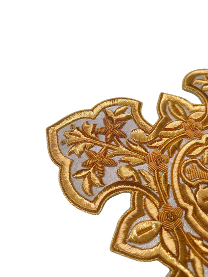 Gold Bullion Hand-Embroidered Cross Appliqué | 20x20 cm Sew-On Liturgical Cross on Silver Fabric | Unique Church Vestment Embroidery | Handmade Ecclesiastical Art