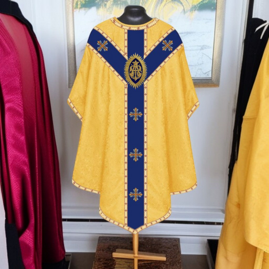 Handcrafted Marian Chasuble Set – Damask with Embroidered "MA" Appliqué