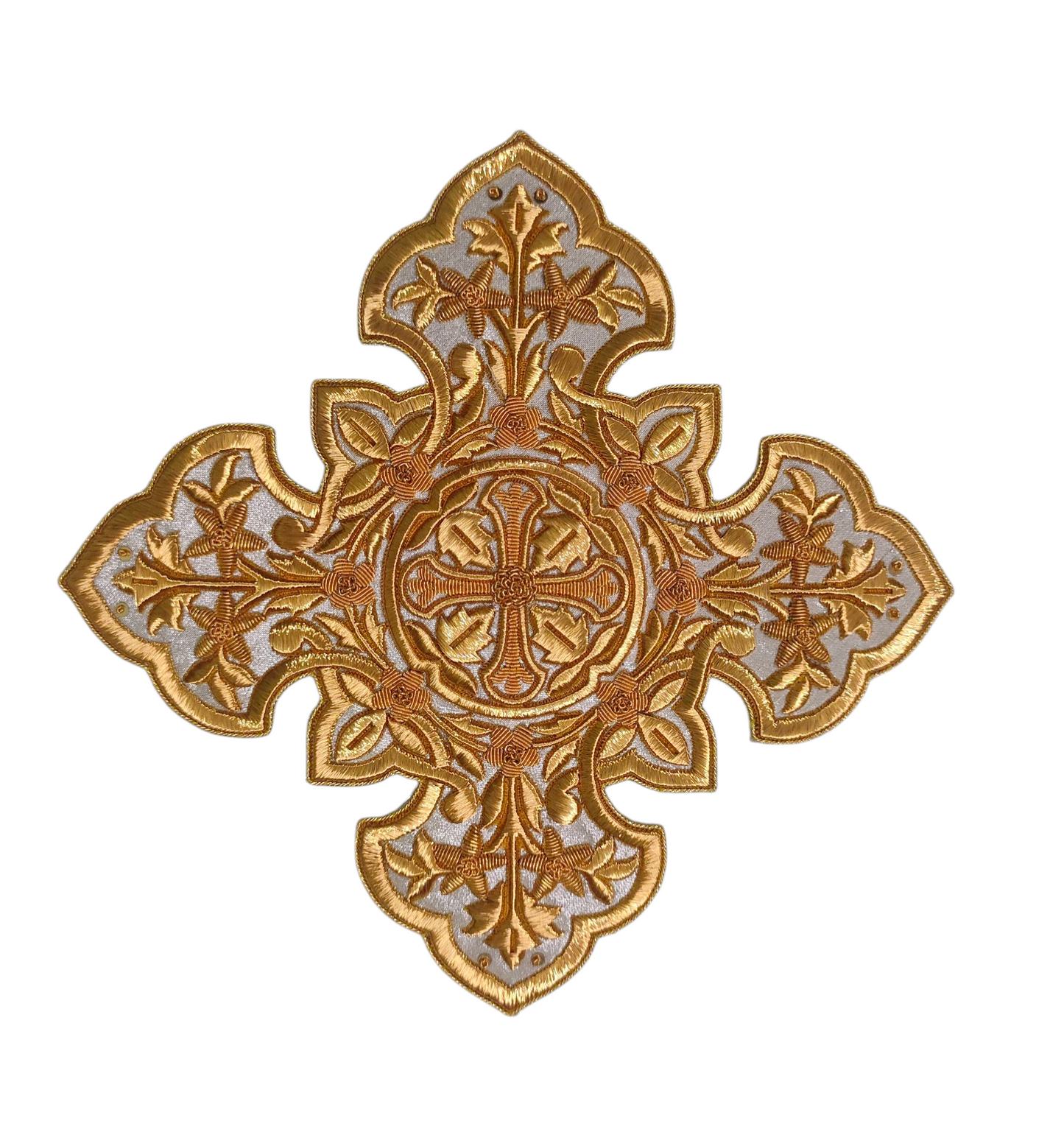 Gold Bullion Hand-Embroidered Cross Appliqué | 20x20 cm Sew-On Liturgical Cross on Silver Fabric | Unique Church Vestment Embroidery | Handmade Ecclesiastical Art