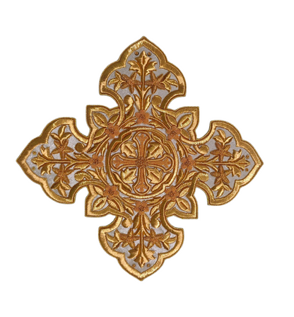 Gold Bullion Hand-Embroidered Cross Appliqué | 20x20 cm Sew-On Liturgical Cross on Silver Fabric | Unique Church Vestment Embroidery | Handmade Ecclesiastical Art