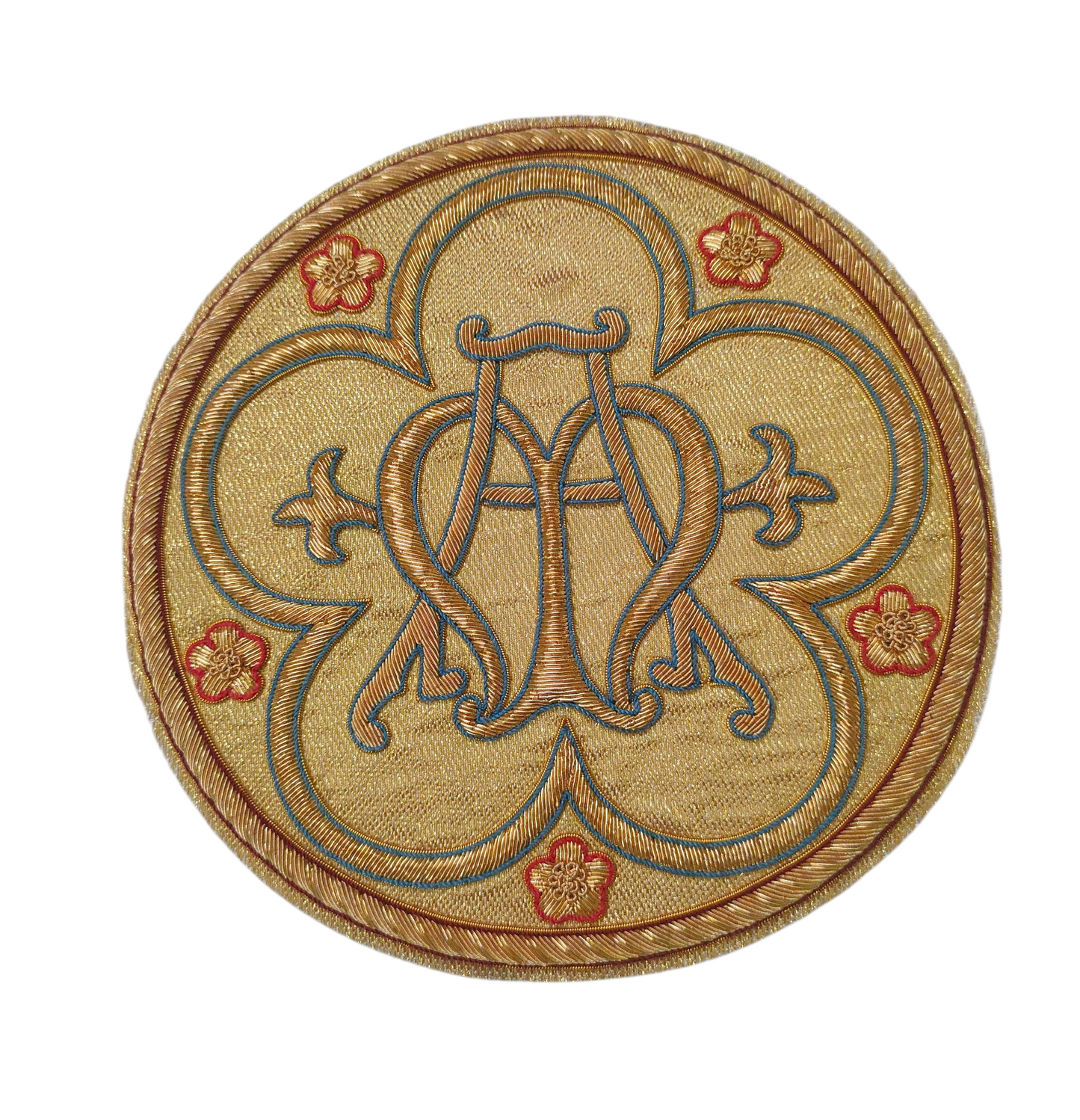 Marian Monogram Appliqué | Hand-Embroidered “MA” Symbol in Gold Bullion Wire | 18x18 cm Sew-On Appliqué for Vestments | Handmade Liturgical Embroidery