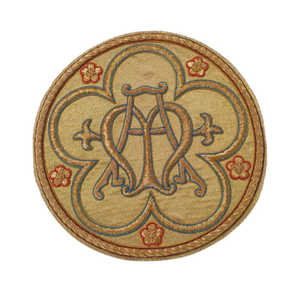 Marian Monogram Appliqué | Hand-Embroidered “MA” Symbol in Gold Bullion Wire | 18x18 cm Sew-On Appliqué for Vestments | Handmade Liturgical Embroidery