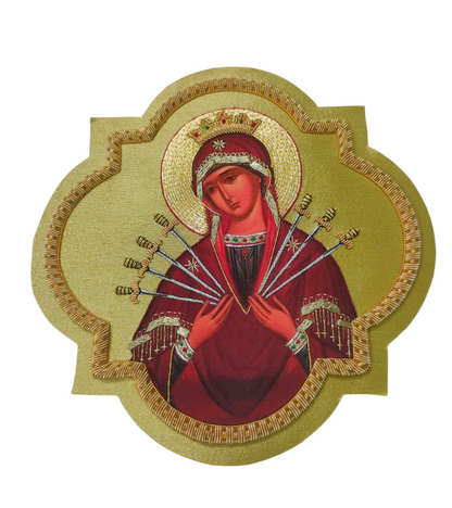 Our Lady of Sorrows | Seven Arrows Appliqué | Hand-Embroidered &amp; Printed Icon on Gold Fabric | Marian Vestment Embroidery 15x15 cm