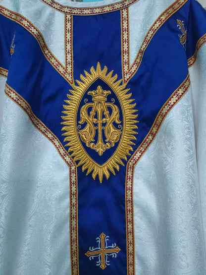 Handcrafted Marian Chasuble Set – Damask with Embroidered "MA" Appliqué