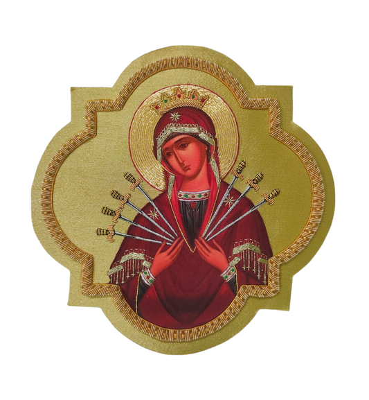 Our Lady of Sorrows | Seven Arrows Appliqué | Hand-Embroidered &amp; Printed Icon on Gold Fabric | Marian Vestment Embroidery 15x15 cm
